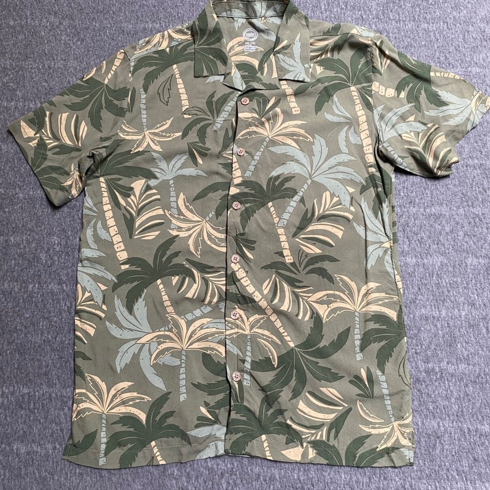Wonder Nation Boys XXL 18 Olive Green Palm Tree Tropical Rayon Button Down Shirt